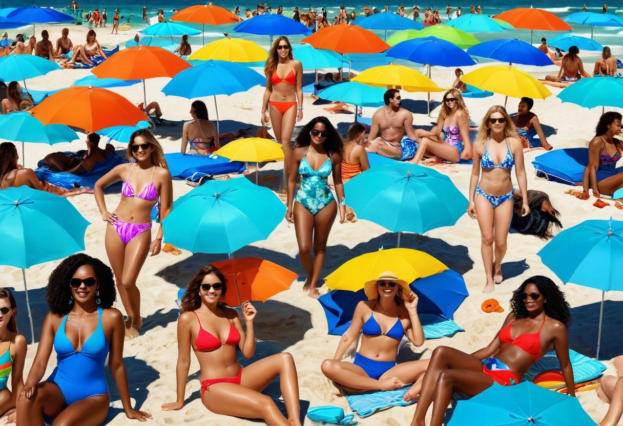 A vibrant beach scene featuring a diverse group of people confidently wearing fashionable swimwear in a variety of styles and colors, showcasing affordability and style. Include beach umbrellas, clear blue water, and sunbathers, highlighting a sense of community and fun. Infuse the image with summer vibes and cheerful energy. super-realistic. vibrant colors. blue sky.