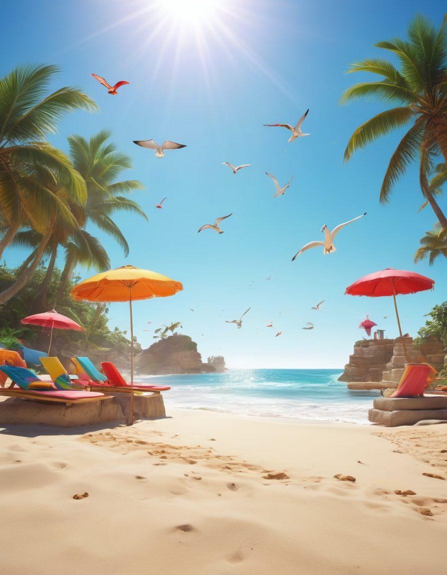 A sun-kissed beach scene with diverse models showcasing vibrant bikinis and beachwear, surrounded by colorful beach umbrellas and sandcastles. Include a gentle ocean wave in the background with seagulls flying above, creating a carefree vibe. The atmosphere should be lively with tropical palm trees swaying in the breeze. super-realistic. vibrant colors. sunny backdrop.